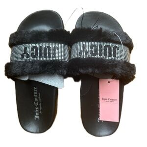 Juicy Couture Black Faux Fur Slides with Rhinestone Detail Size 6 - 6.5